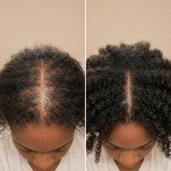 A side-by-side before and after comparison of a person's hairline and parting, showing thinning hair on the left and fuller, healthier hair on the right. The person is looking down, with dark curly hair and a white top visible against a plain beige background.